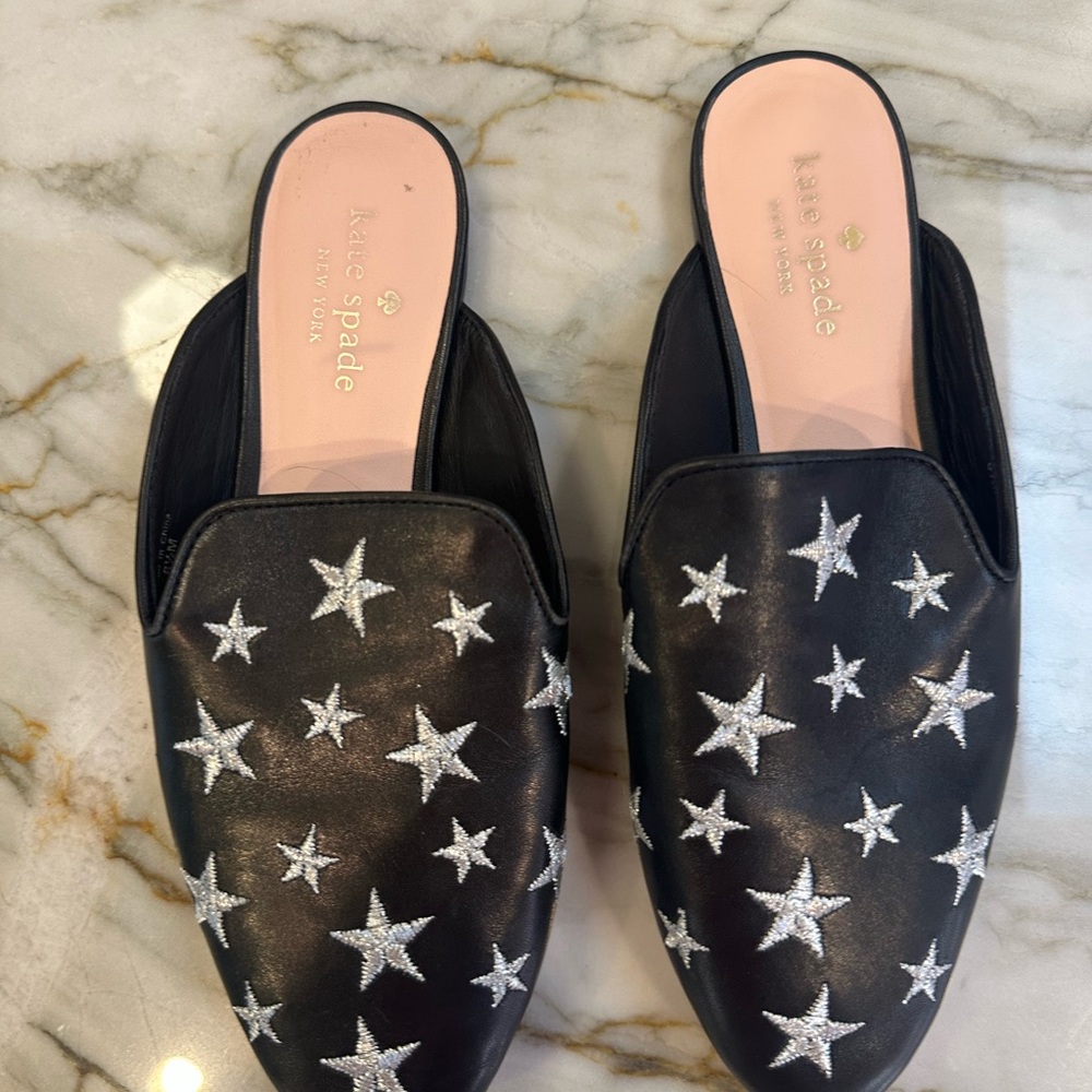 Kate Spade Black Leather Star-Embroidered Mules